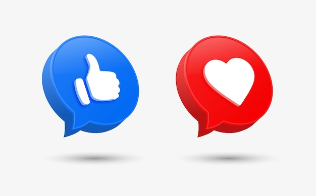 Facebook like and love icon in 3d round speech bubble button for social media notification icons