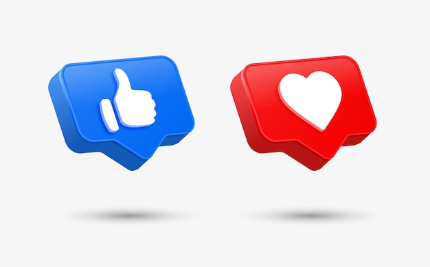 Vector facebook like and love icon in 3d round speech bubble button for social media notification icons