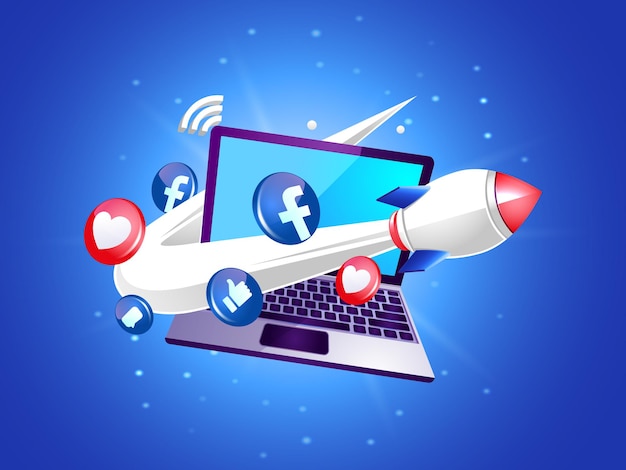 Facebook logo with rocket and laptop