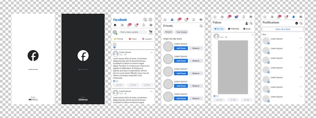 Facebook mockup set screen social media and network interface template editorial