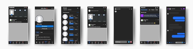 Set di mockup di facebook. storie, mi piace, post, foto, messenger, amici, chat e altro ancora. applicazione mobile.