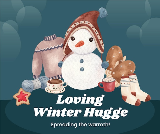 겨울 포옹 생활 개념 수채화 스타일 페이스 북 게시물 템플릿