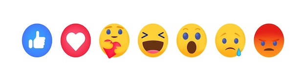 Facebook smile Vector Emoji Set с различными реакциями на социальную сеть, изолированную на белом фоне. Современная коллекция смайликов в плоском стиле.