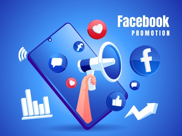 Vettore promozione sui social media di facebook con megafono e logo icona e smartphone mobile