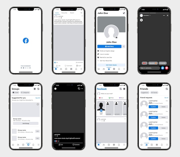 Modello di interfaccia di social network facebook su smartphone. modello di social media di facebook