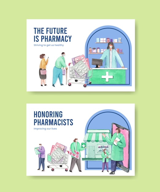 Facebook template set with world pharmacists day in watercolor style