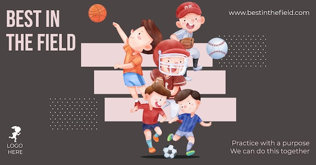 Vector facebook template with american sport kids conceptwatercolor style