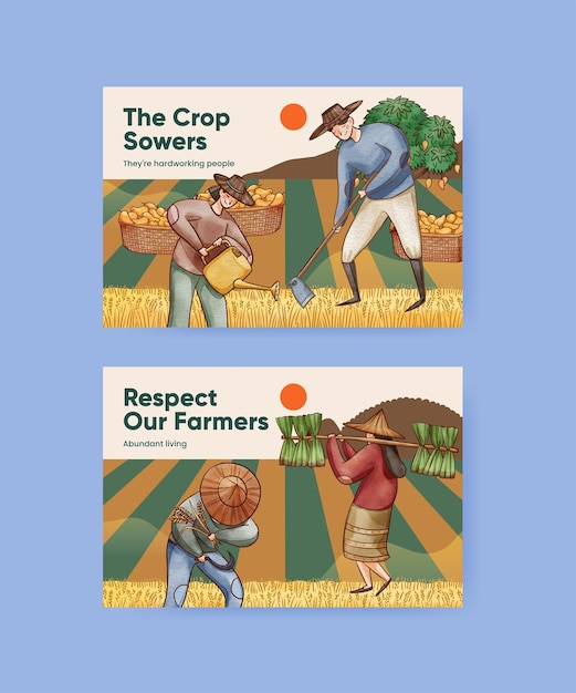 Facebook template with Asian farmer conceptwatercolor style