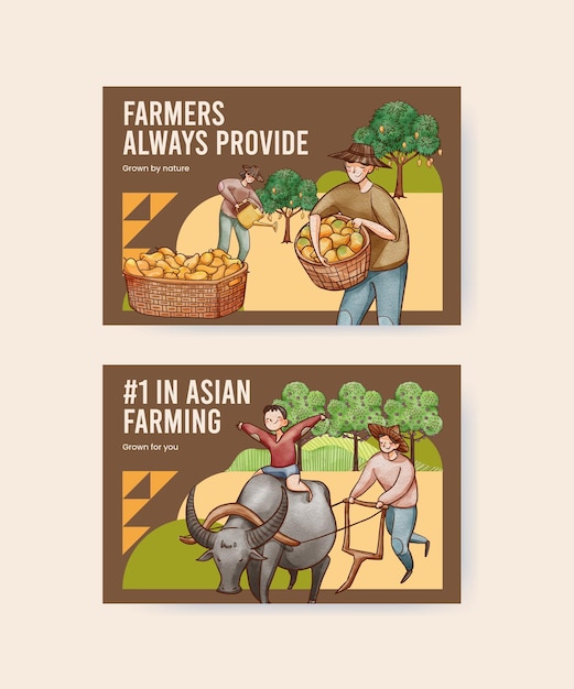 Facebook template with asian farmer conceptwatercolor style