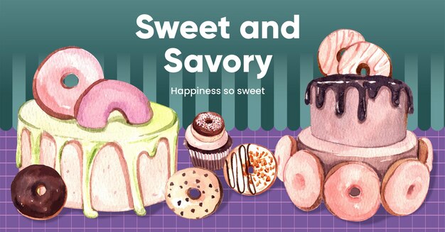 Vector facebook template with donut party conceptwatercolor style