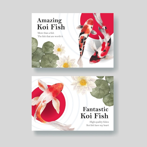 Facebook template with koi fish concept,watercolor style.