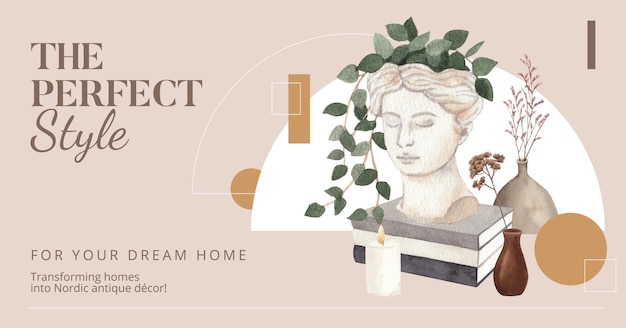 Facebook template with nordic antique home conceptwatercolor style