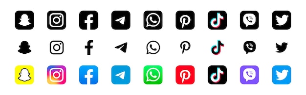 Facebook Twitter Instagram snapchat Telegram Viber Pinterest Whatsapp Collection of popular social media logo Vector editorial illustration Rivne Ukraine April 10 2023