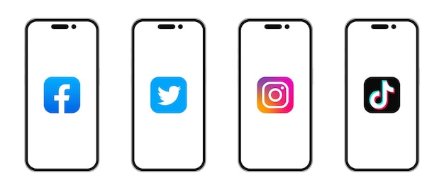 Значок Facebook, Twitter, Instagram и Tiktok. Логотипы социальных сетей на экране iPhone 14 Pro Max.