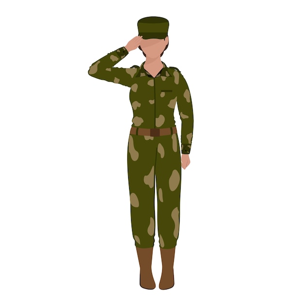 Vector faceless army female officer saluting in standing pose against white background