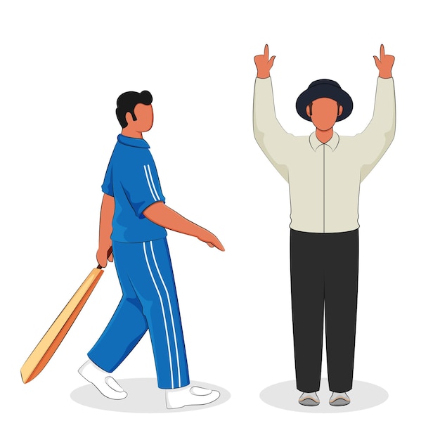 Faceless Batsman And Umpire Signalling Six Runs In Standing Pose.