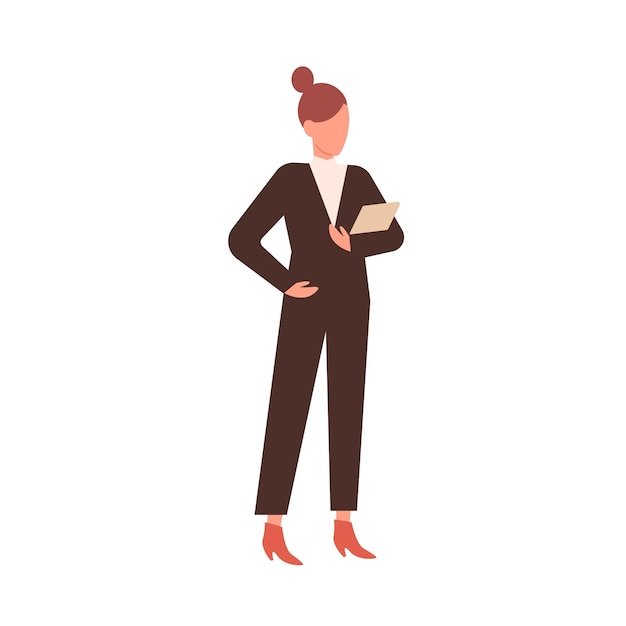 Faceless business woman silhouette in fashionable suit, costume holding folder papers. Office manager, worker secretary in stylish shoes. Flat vector cartoon illustration isolated on white background.