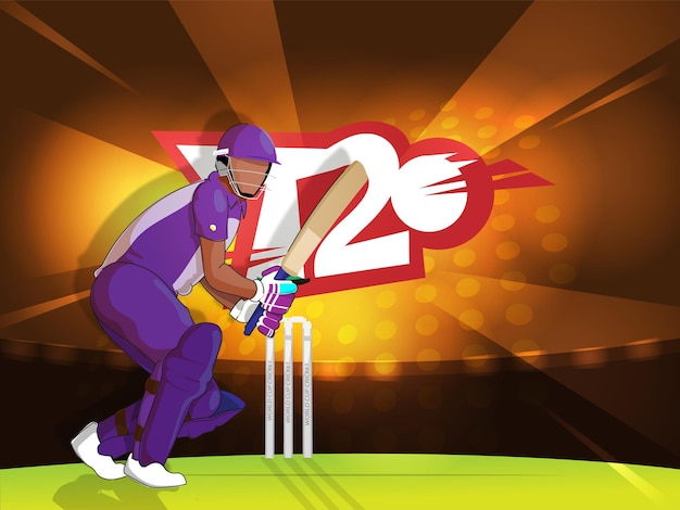 Vector faceless cricket batter in playing pose on abstract stadium background for t20 match concept.