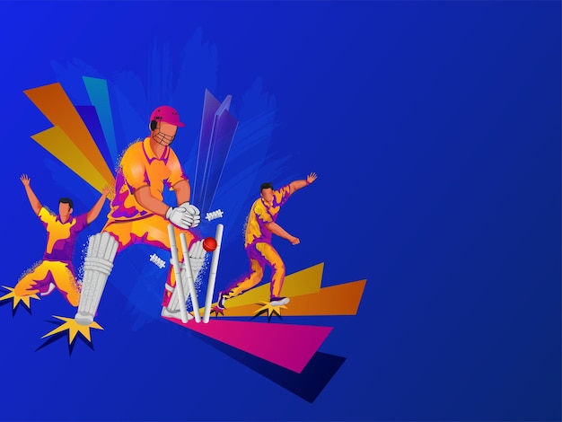 Faceless Cricket Players In Playing Pose With Trophy Cup And Copy Space On Blue Background