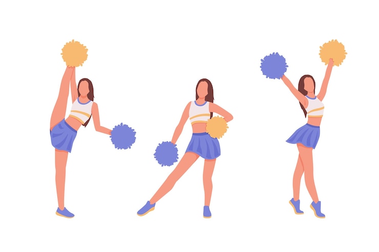 Vector スポーツの試合前にパフォーマンスする顔のない女性キャラクター観客のために踊る手にポンポンを持つスリムなチアリーダーのチームベクトルイラスト
