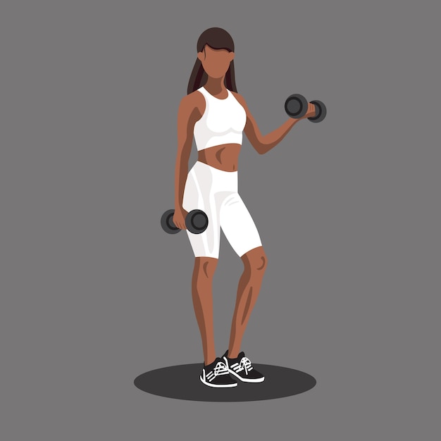 Vector faceless fitness african american woman in sportswear standing and doing a workout with the dumbbells workout and sports training concept vector illustration