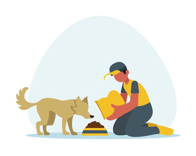 Faceless guy volunteer feeding dog dry food People from volunteering organizations with dogs Social active youth Charity and donations for domestic animals Vector