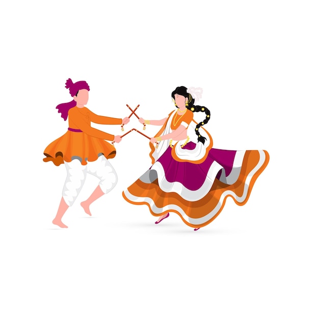faceless indian couple playing dandiya in traditional attire on white background