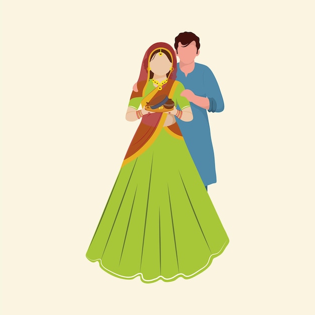 Faceless Indian Woman Holding Worship Plate With Her Husband On Beige Background For Hindu Festival Karwa Chauth Concept