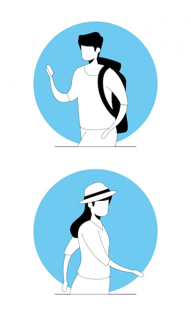 Faceless male and female tourists