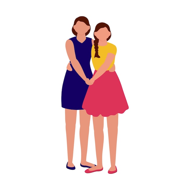 Vector faceless modern young girls embracing against white background