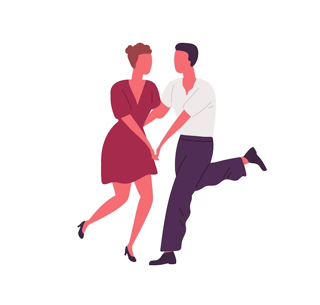 Vector faceless people holding hands and dancing lindy hop together. man and woman dance swing or boogie woogie. retro couple of dancers. flat vector cartoon illustration isolated on white.