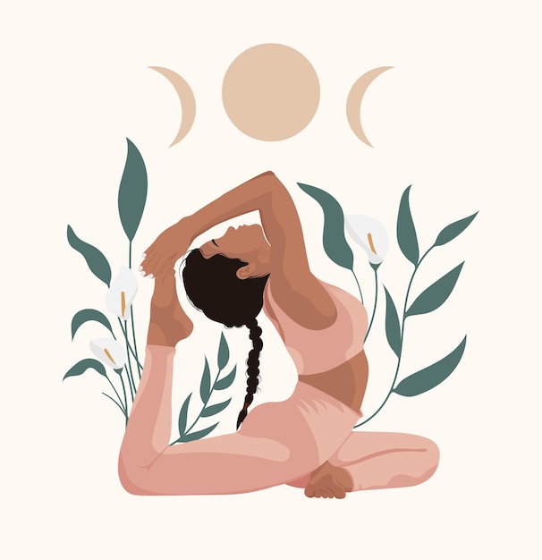 Faceless style woman doing yoga poses Young woman with plants International day of yoga design