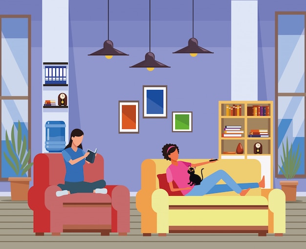 Vector faceless women relax with cat living room