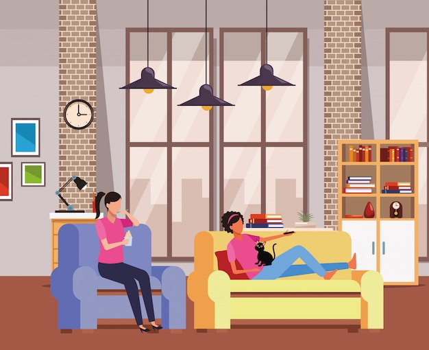 Vector faceless women relax with cat living room