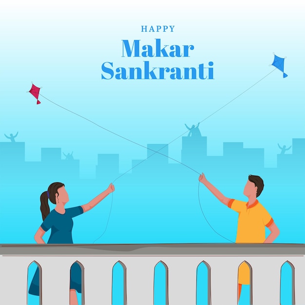 Giovane ragazzo e ragazza senza volto che volano aquilone all'illustrazione del tetto in occasione del festival di makar sankranti