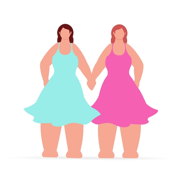 Vector faceless young girls holding hands each other in standing pose