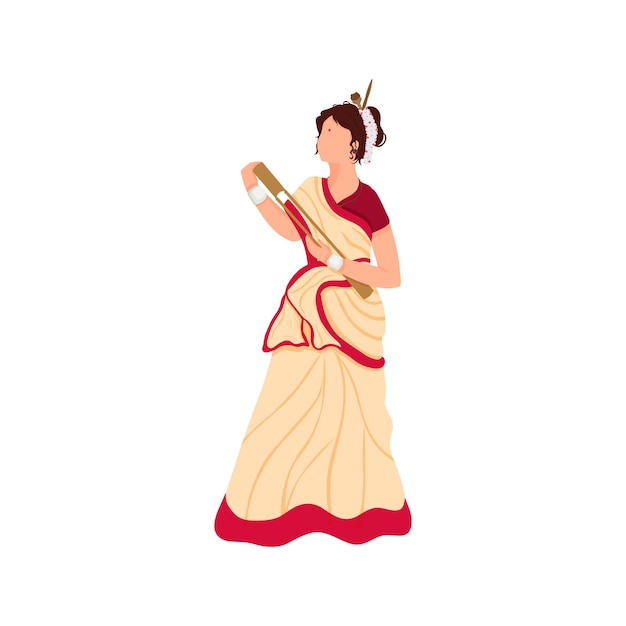 Faceless young lady holding toka instrument in assam traditional dress.