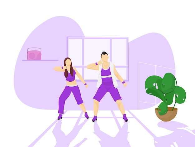 Faceless Young Man And Woman Doing Zumba Dance Against Purple And White Background