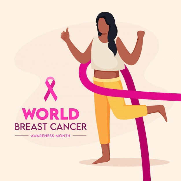 Faceless Young Woman Showing Thumbs Up with Pink Ribbon on Beige Background for World Breast Cancer Awareness Month.