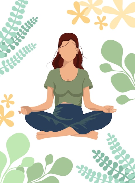 Vector faceless young woman sits in yoga lotus position vector illustration in flat style