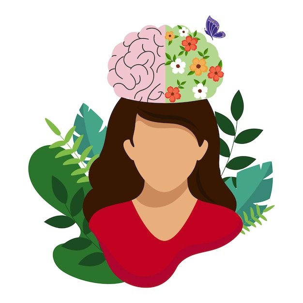 Vector faceless young woman with doubleside brain butterfly and leaves on white background for world mental health day