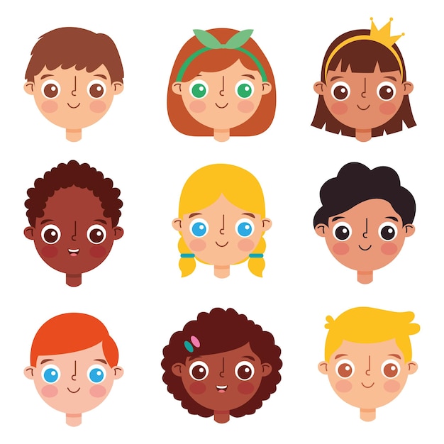 Vector faces children cartoon set isolated over white background. vector illustration