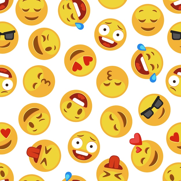 Faces emoji pattern. Funny cute smiley expression emotion chat messenger cartoon seamless wallpaper