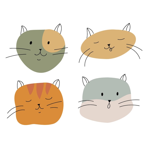 Faces of funny cats simple kittens from spots and lines cute animal print vector illustration isolated on white background