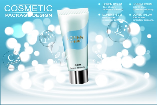 Facial cleanser ad, contained in white tube, watery background