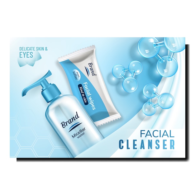 Vector facial cleanser bottle and bag