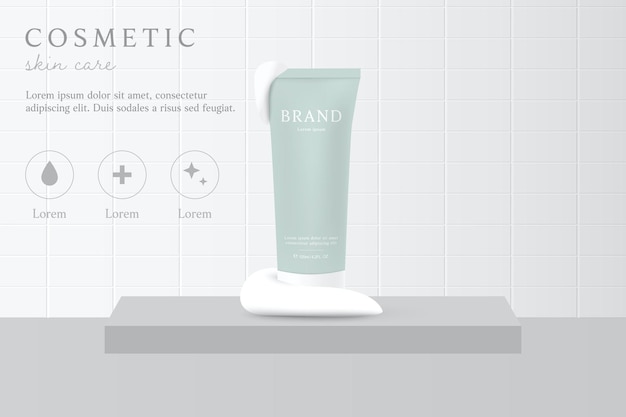 Detergente viso e prodotto cosmetico sullo sfondo del bagno con schiuma