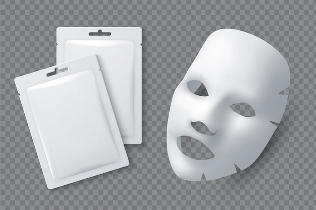 Косметическая маска для лица. Увлажняющая простыня для женской красоты. Белая маска для чистки лица и пакет реалистичные 3D вектор макет