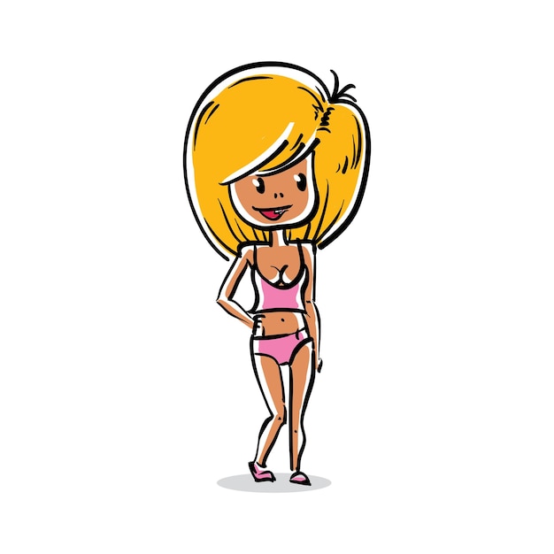 Facial expression of a blonde girl, sexy female vector cartoon drawing. Hand drawn illustration of smiling person.