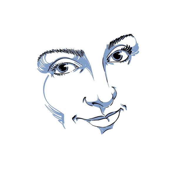 facial expression, hand-drawn illustration of face of delicate good-looking girl with positive emotional expressions. beautiful features of lady visage.